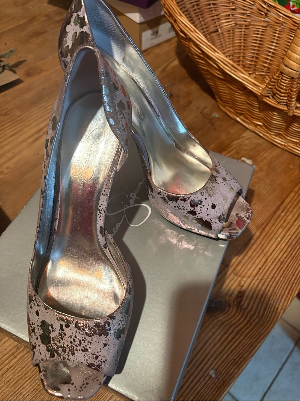 Jessica Simpson Metallic Pink Peep-Toe Heels with Black Splatter